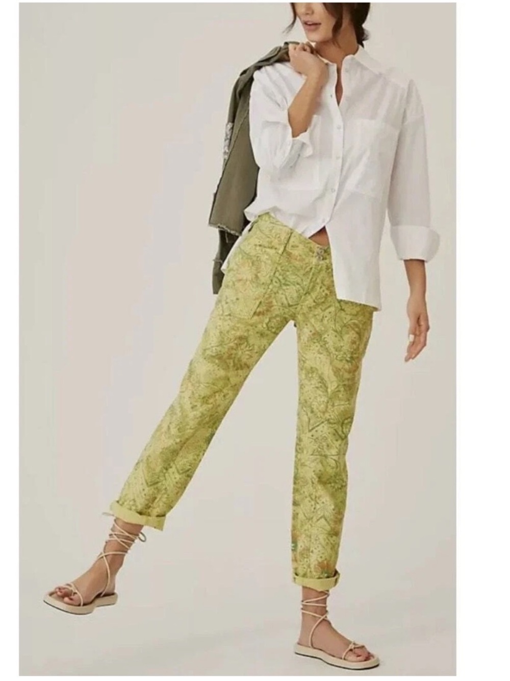 Anthropologie Pilcro The Wanderer Pants Floral Light Green Chartreuse 26